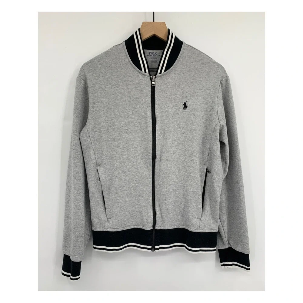 Polo Ralph Lauren Jacket Mens Medium Gray Black Full Zip Track Preppy